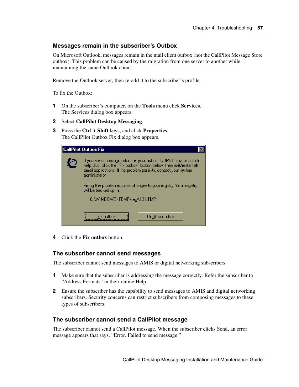 Messages remain in the subscriber’s outbox, The subscriber cannot send messages, The subscriber cannot send a callpilot message | Nortel Networks CallPilot 100 User Manual | Page 57 / 68