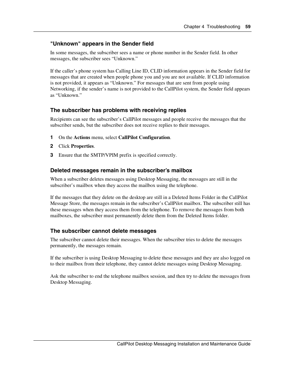Unknown" appears in the sender field, The subscriber has problems with receiving replies, The subscriber cannot delete messages | Nortel Networks CallPilot 100 User Manual | Page 59 / 68
