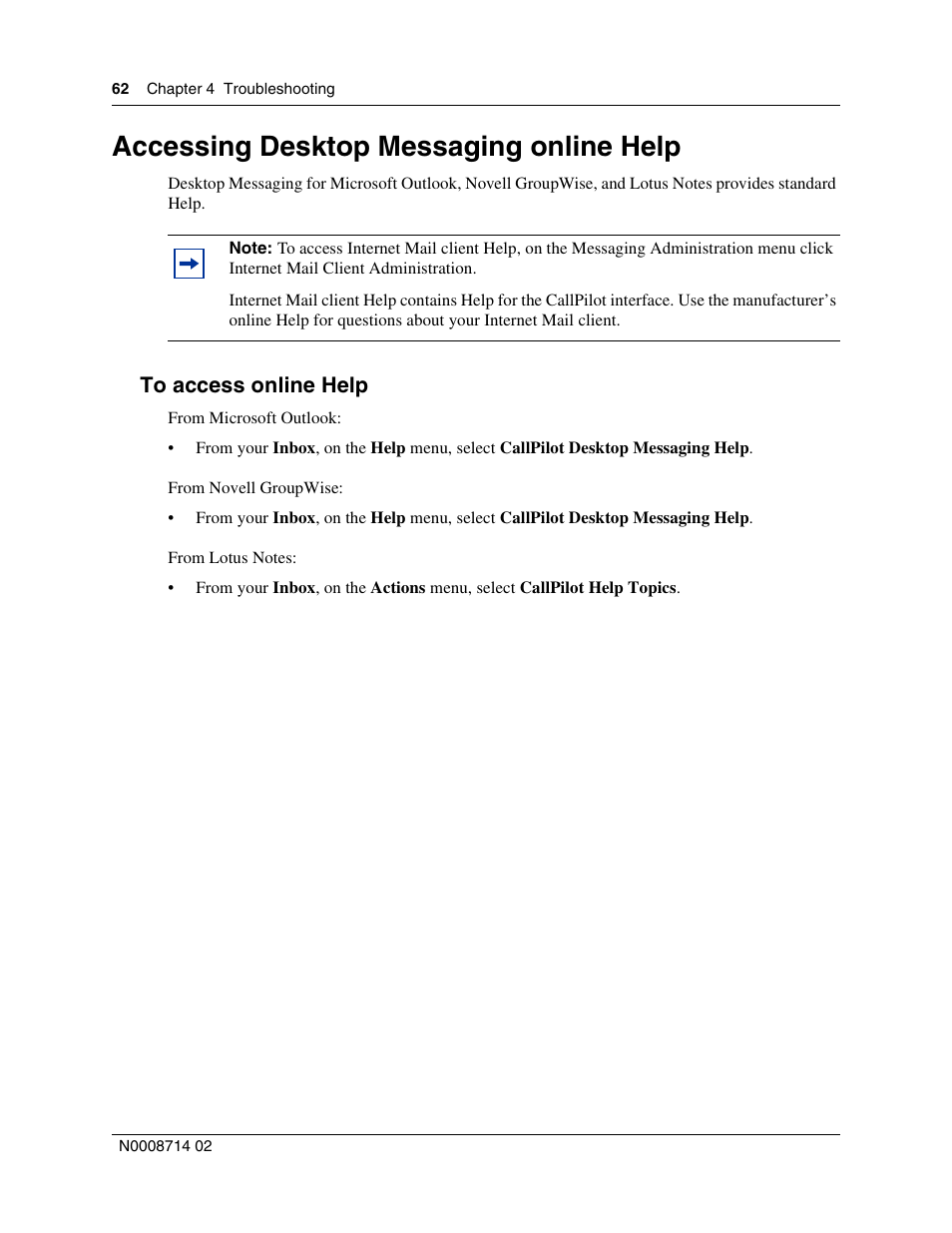 Accessing desktop messaging online help, To access online help | Nortel Networks CallPilot 100 User Manual | Page 62 / 68