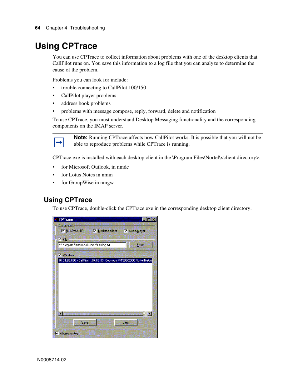 Using cptrace | Nortel Networks CallPilot 100 User Manual | Page 64 / 68