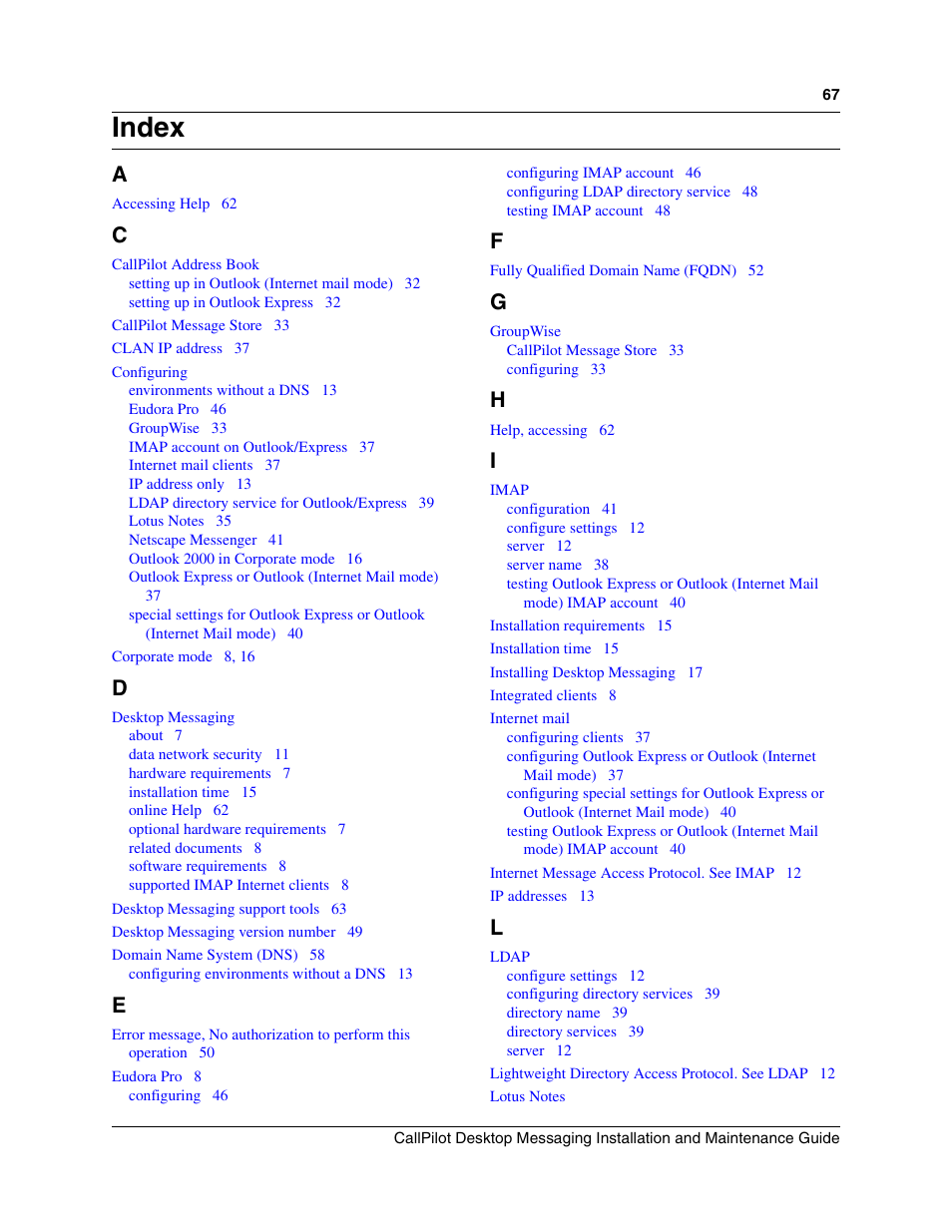 Index | Nortel Networks CallPilot 100 User Manual | Page 67 / 68