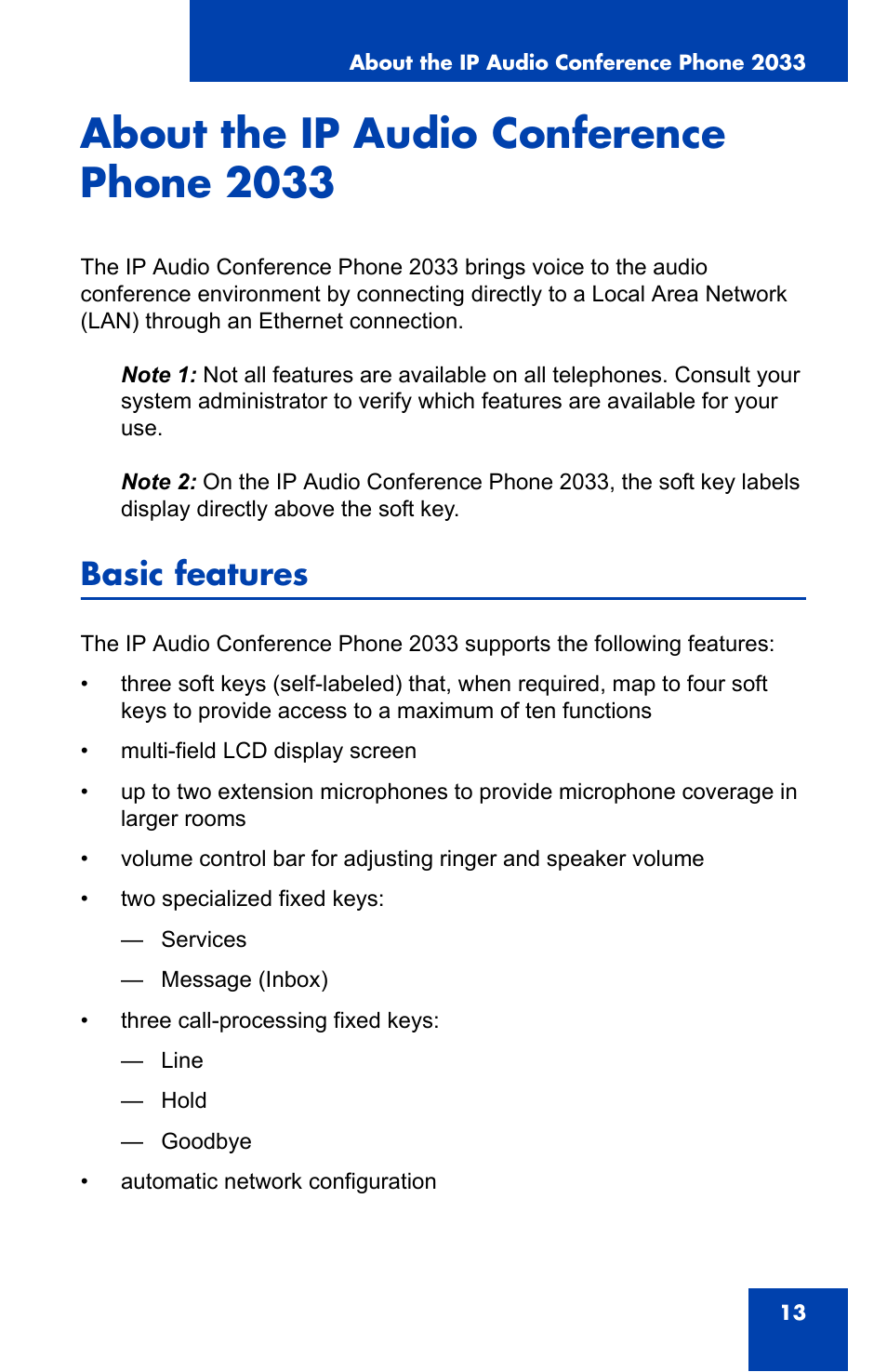 About the ip audio conference phone 2033, Basic features | Nortel Networks NN-10300-014 User Manual | Page 13 / 90
