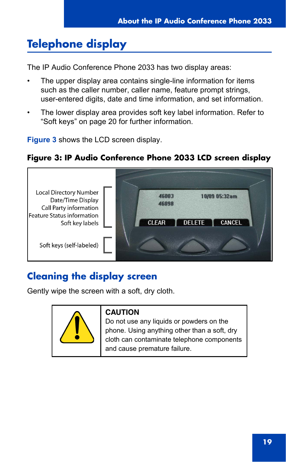 Telephone display, Cleaning the display screen | Nortel Networks NN-10300-014 User Manual | Page 19 / 90