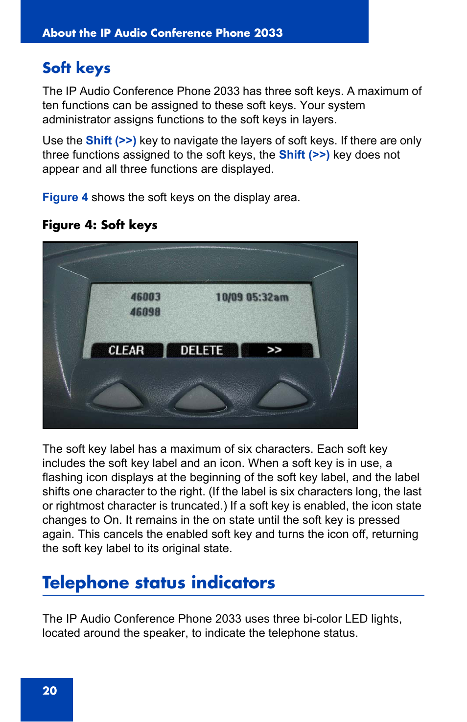 Soft keys, Telephone status indicators | Nortel Networks NN-10300-014 User Manual | Page 20 / 90