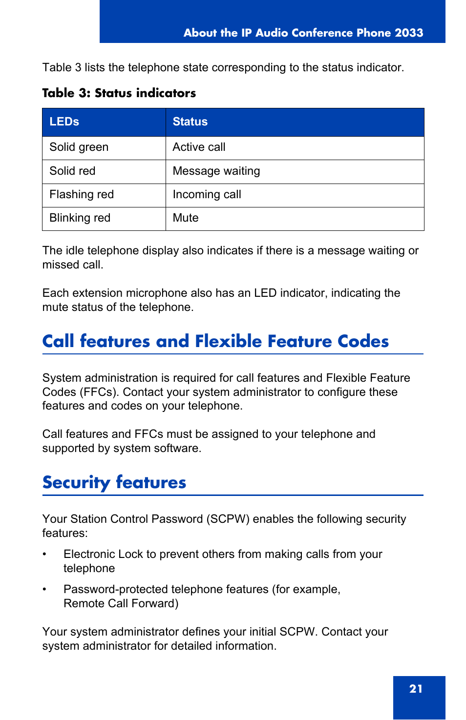Call features and flexible feature codes, Security features | Nortel Networks NN-10300-014 User Manual | Page 21 / 90