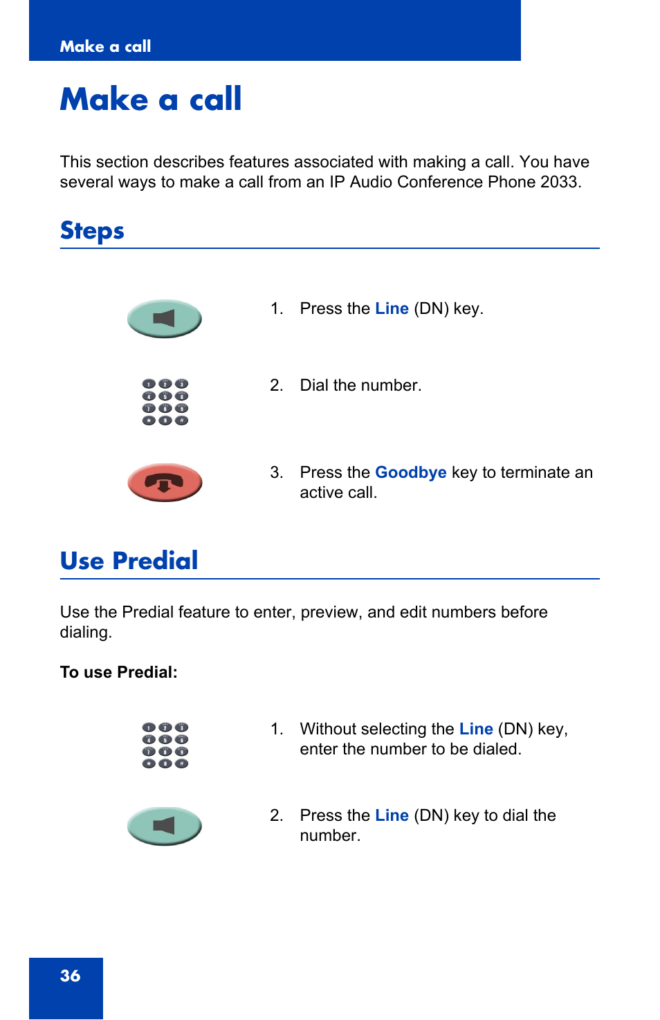 Make a call, Steps, Use predial | Steps use predial | Nortel Networks NN-10300-014 User Manual | Page 36 / 90