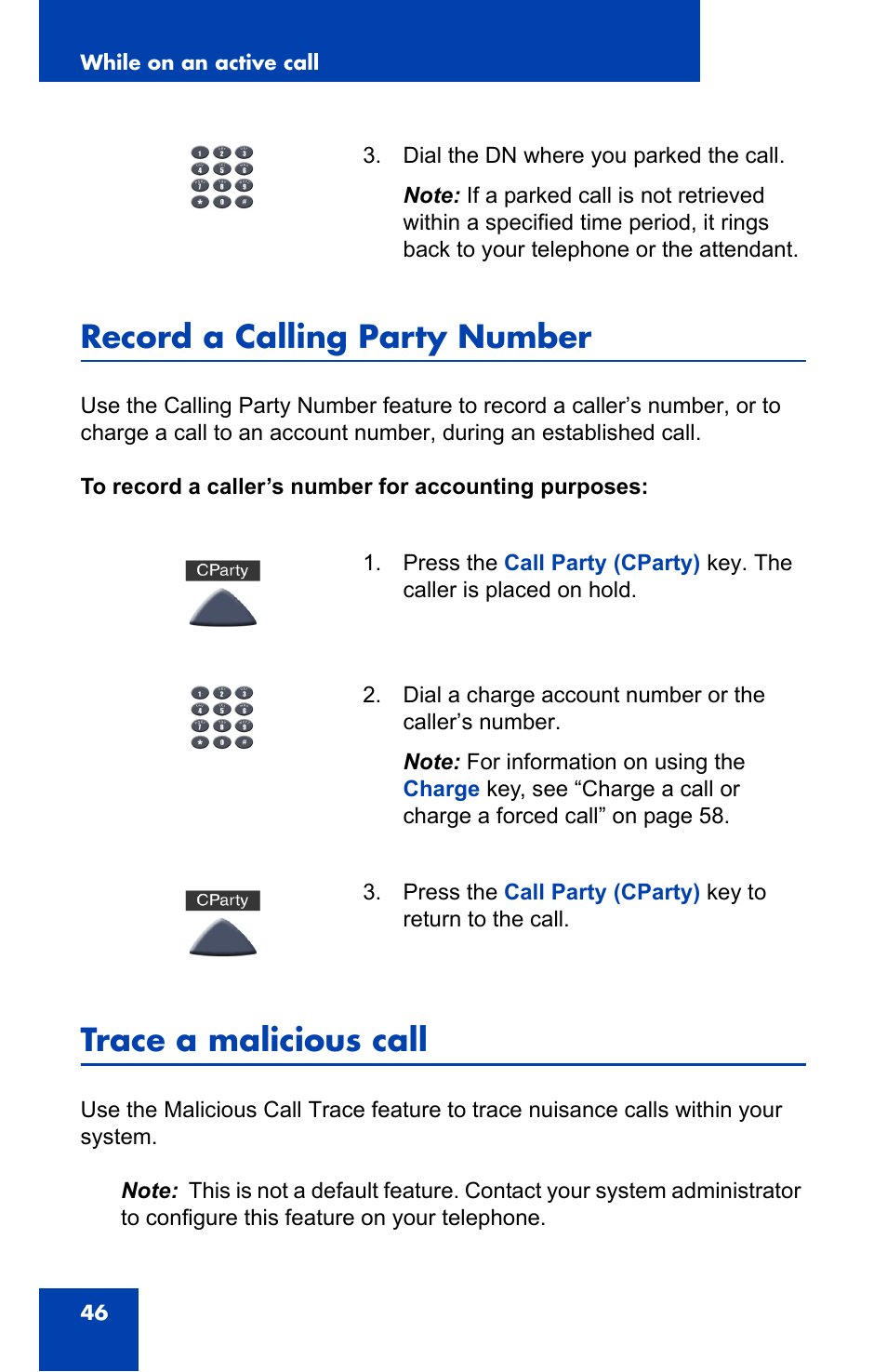Record a calling party number, Trace a malicious call | Nortel Networks NN-10300-014 User Manual | Page 46 / 90