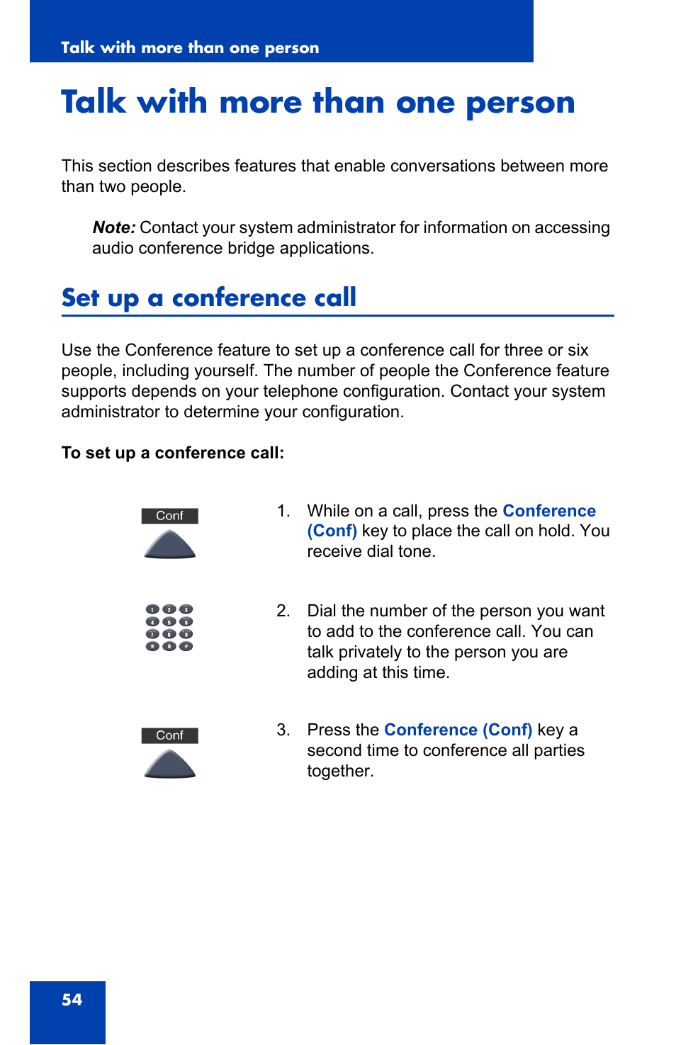 Talk with more than one person, Set up a conference call | Nortel Networks NN-10300-014 User Manual | Page 54 / 90