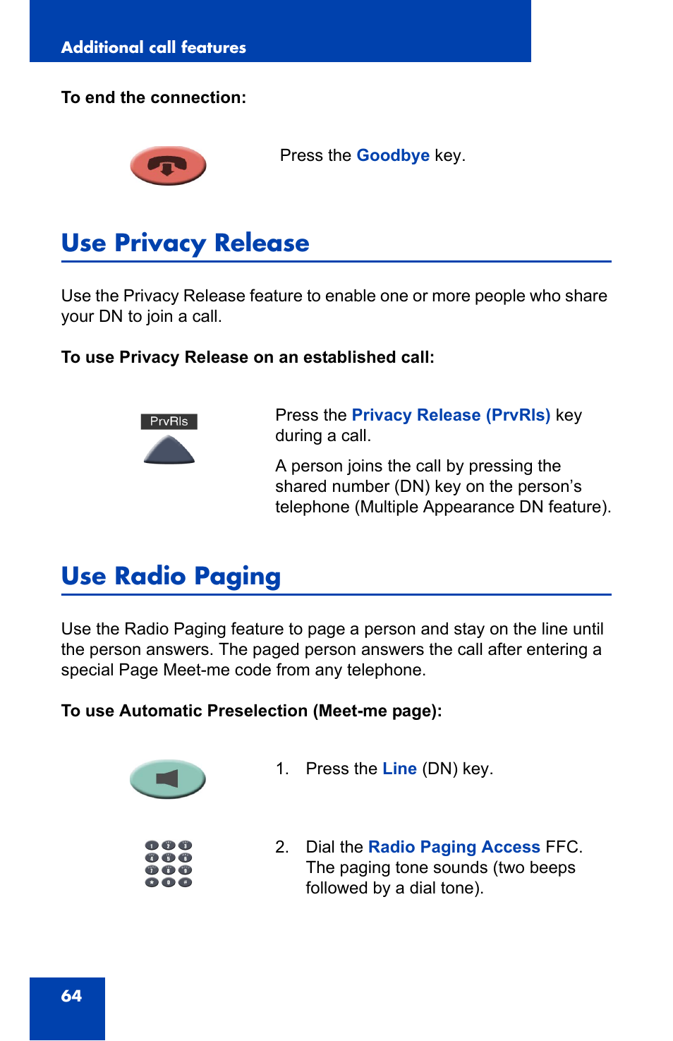 Use privacy release, Use radio paging | Nortel Networks NN-10300-014 User Manual | Page 64 / 90