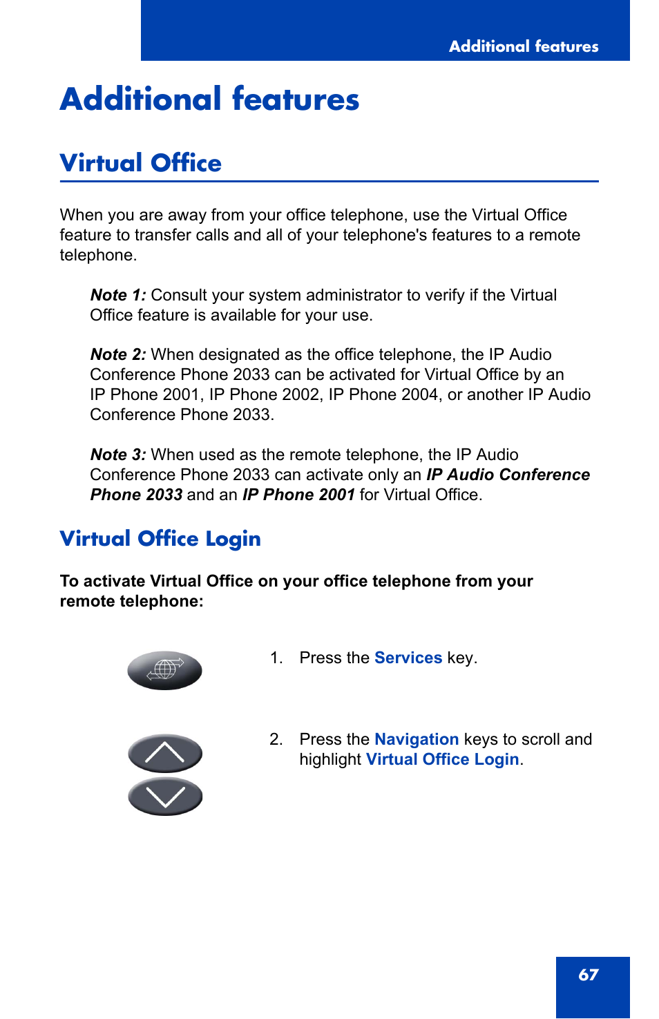 Additional features, Virtual office, Virtual office login | Nortel Networks NN-10300-014 User Manual | Page 67 / 90