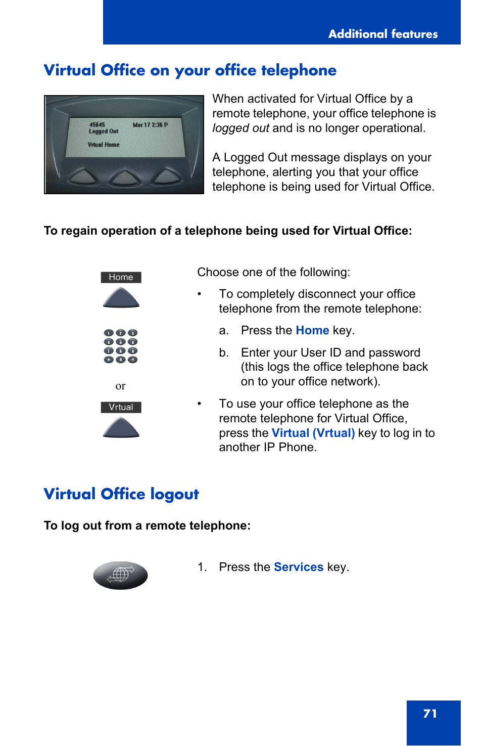 Virtual office on your office telephone, Virtual office logout | Nortel Networks NN-10300-014 User Manual | Page 71 / 90