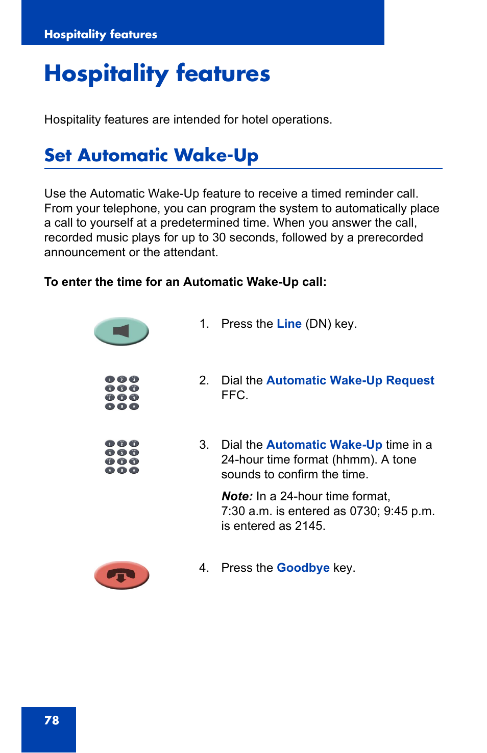 Hospitality features, Set automatic wake-up | Nortel Networks NN-10300-014 User Manual | Page 78 / 90