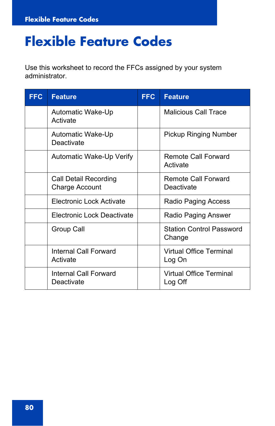 Flexible feature codes | Nortel Networks NN-10300-014 User Manual | Page 80 / 90