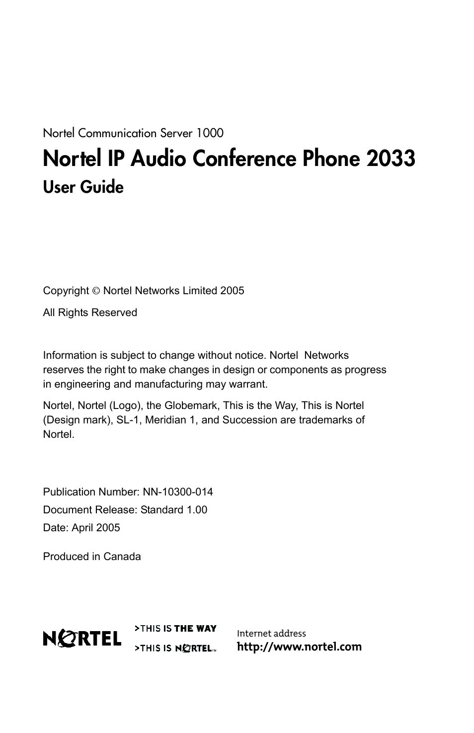 Nortel ip audio conference phone 2033, User guide | Nortel Networks NN-10300-014 User Manual | Page 90 / 90