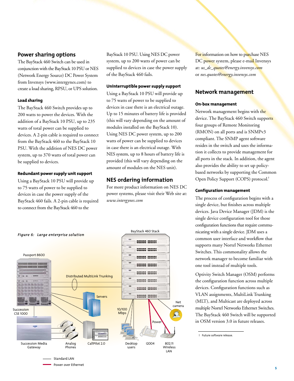 Power sharing options, Nes ordering information, Network management | Nortel Networks 460-24T-PWR User Manual | Page 5 / 11