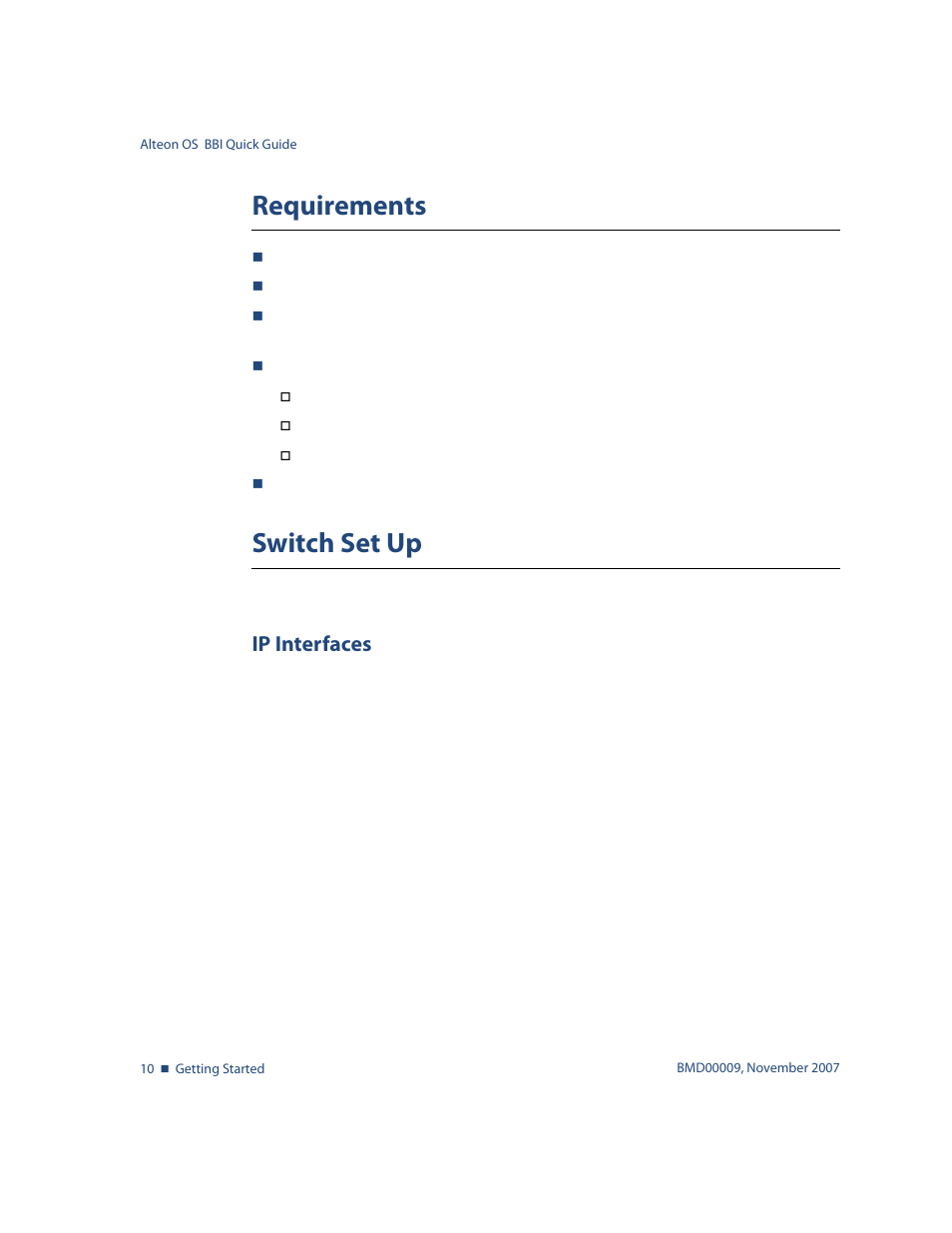 Requirements, Switch set up, Ip interfaces | Requirements 10 switch set up 10, Ip interfaces 10 | Nortel Networks ALTEON OS BMD00009 User Manual | Page 10 / 32