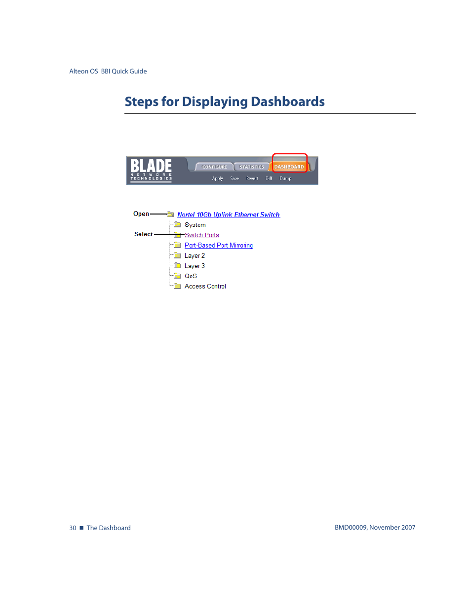 Steps for displaying dashboards | Nortel Networks ALTEON OS BMD00009 User Manual | Page 30 / 32