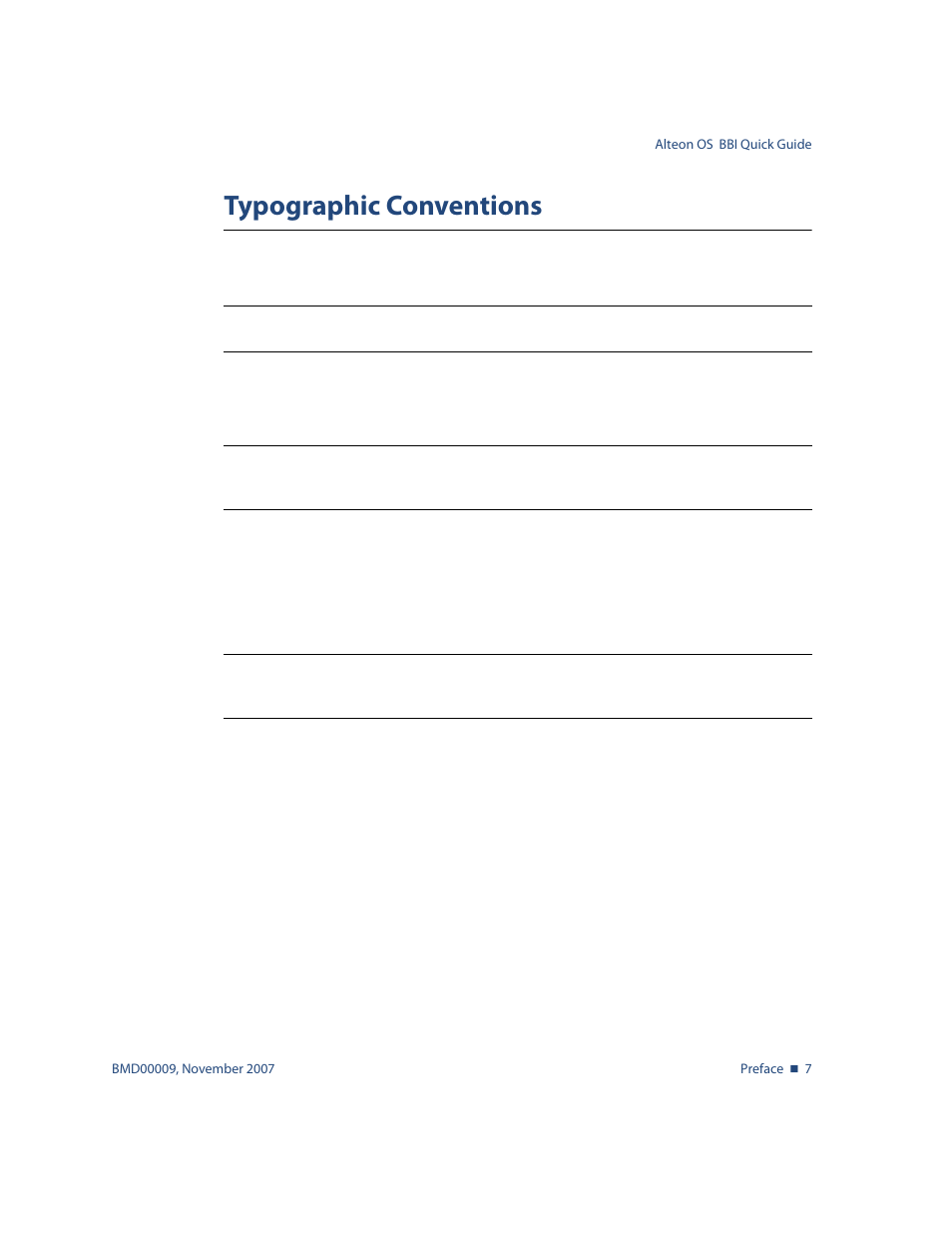 Typographic conventions, Typographic conventions 7 | Nortel Networks ALTEON OS BMD00009 User Manual | Page 7 / 32