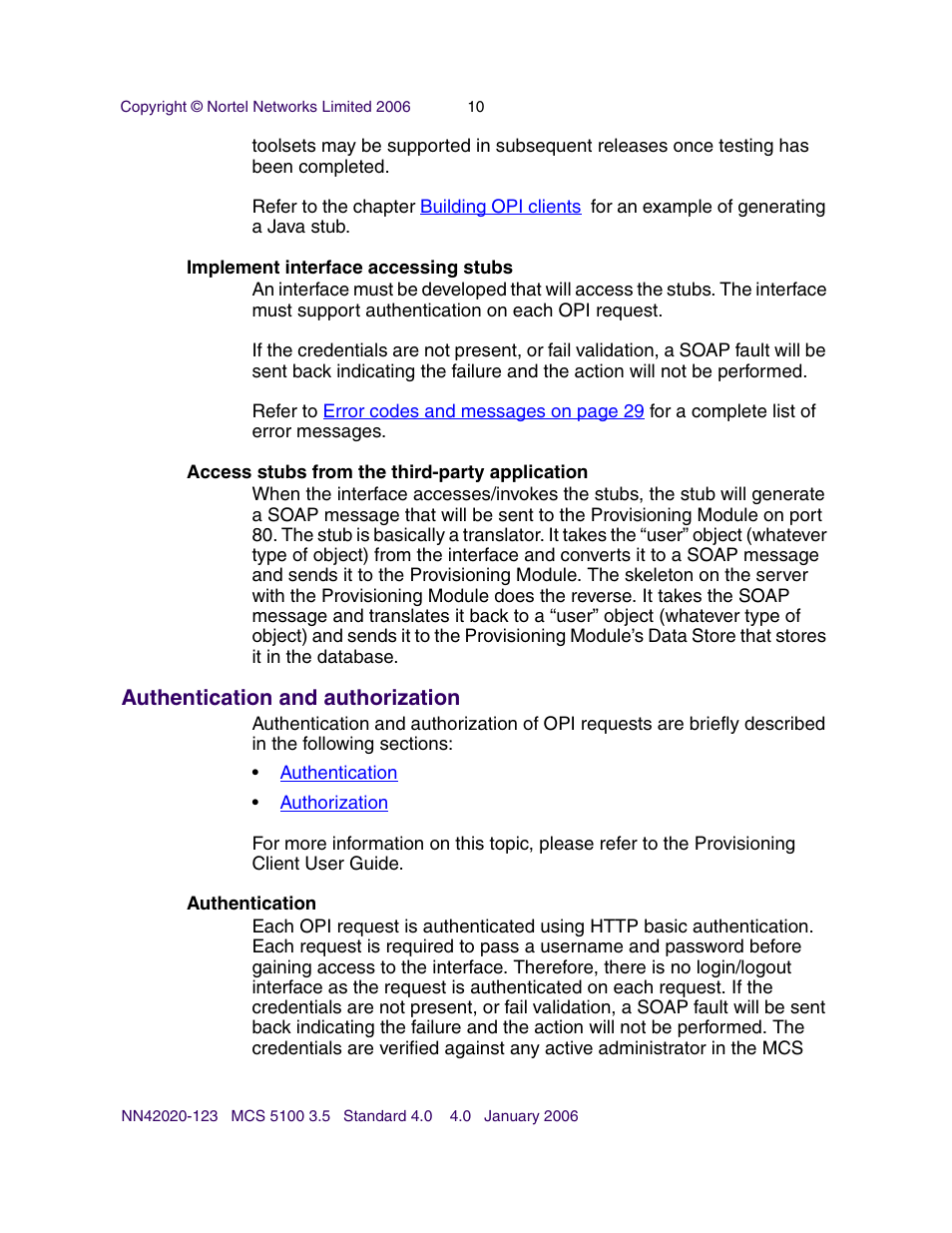 Implement interface accessing stubs, Access stubs from the third-party application, Authentication and authorization | Authentication | Nortel Networks NN42020-123 User Manual | Page 10 / 58