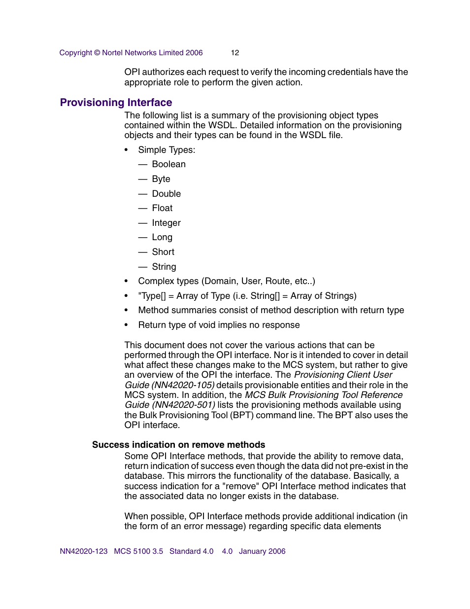 Provisioning interface, Success indication on remove methods | Nortel Networks NN42020-123 User Manual | Page 12 / 58