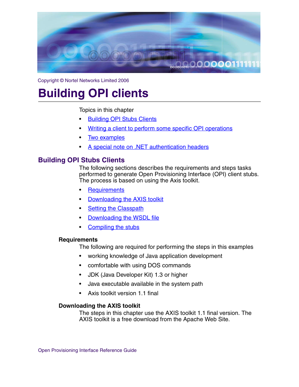 Building opi clients, Building opi stubs clients, Requirements | Downloading the axis toolkit, R to the chapter | Nortel Networks NN42020-123 User Manual | Page 17 / 58