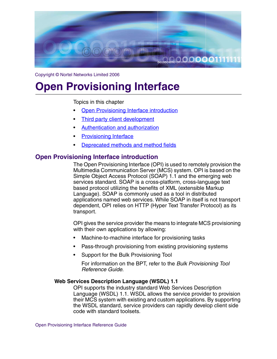 Open provisioning interface, Open provisioning interface introduction, Web services description language (wsdl) 1.1 | Nortel Networks NN42020-123 User Manual | Page 7 / 58