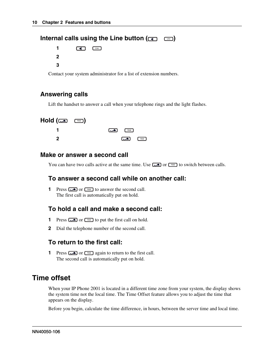 Internal calls using the line button ( or ), Answering calls, Hold ( or ) | Make or answer a second call, Time offset, Internal calls using the line button, Hold | Nortel Networks 2001 User Manual | Page 10 / 14