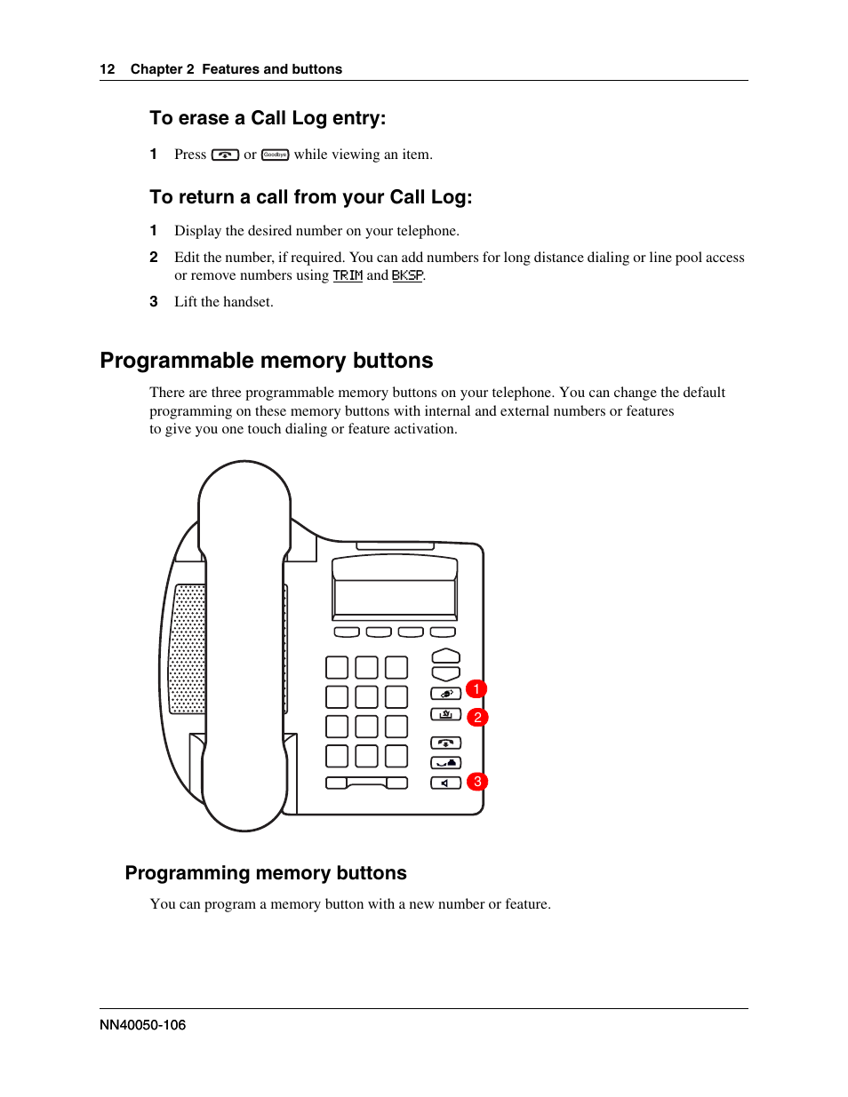 Programmable memory buttons, Programming memory buttons | Nortel Networks 2001 User Manual | Page 12 / 14