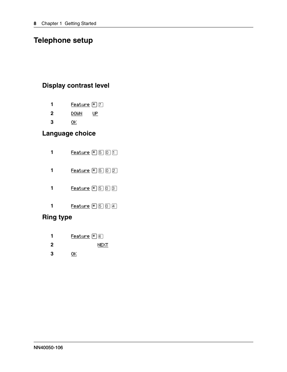Telephone setup, Display contrast level, Language choice | Ring type | Nortel Networks 2001 User Manual | Page 8 / 14