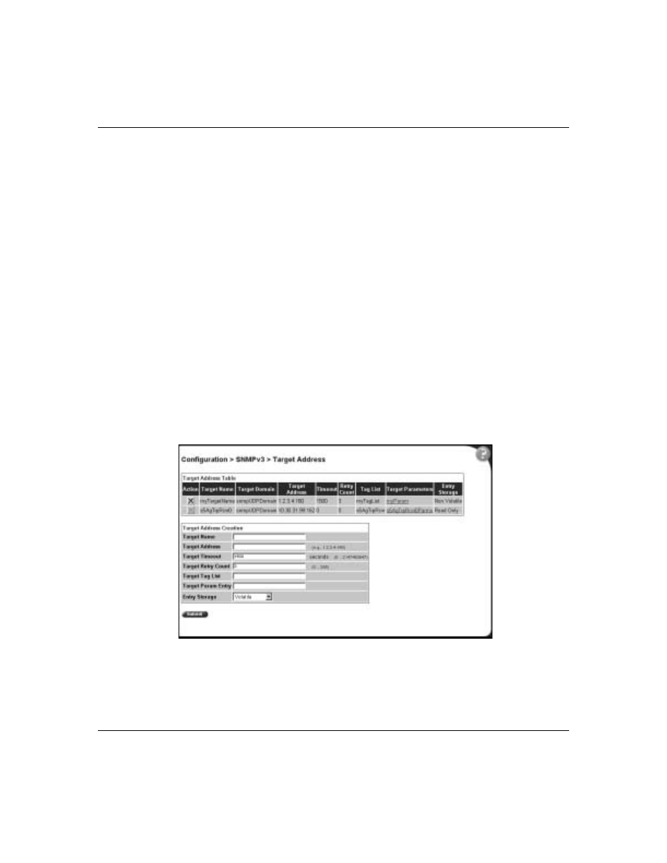 Configuring an snmpv3 management target address, Creating an snmpv3 target address configuration, Figure 21 | Nortel Networks 380-24F User Manual | Page 65 / 158