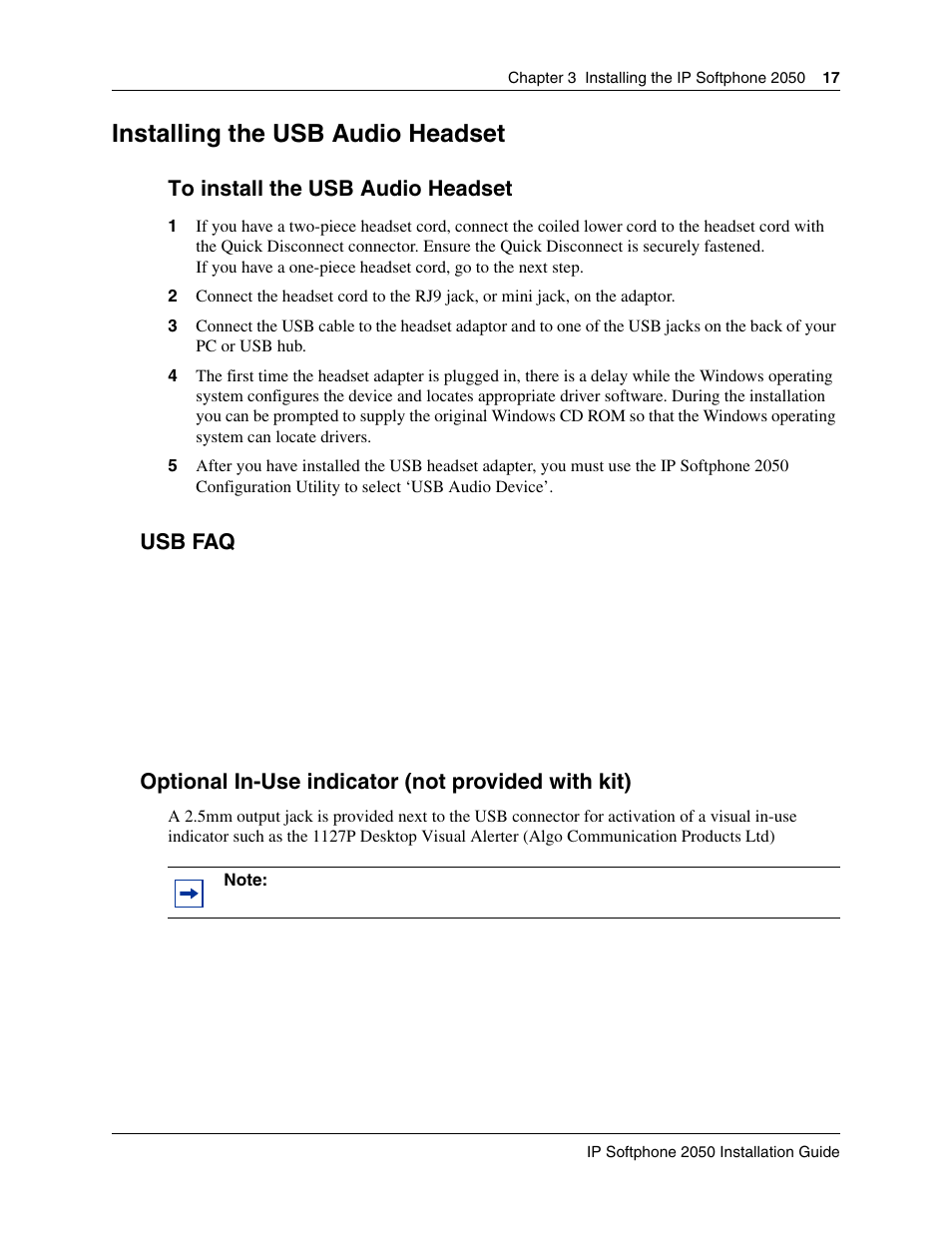 Installing the usb audio headset, Usb faq, Optional in-use indicator (not provided with kit) | To install the usb audio headset | Nortel Networks BCM50 2.0 User Manual | Page 17 / 36