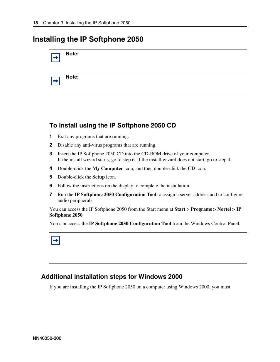 Installing the ip softphone 2050, Additional installation steps for windows 2000, To install using the ip softphone 2050 cd | Nortel Networks BCM50 2.0 User Manual | Page 18 / 36