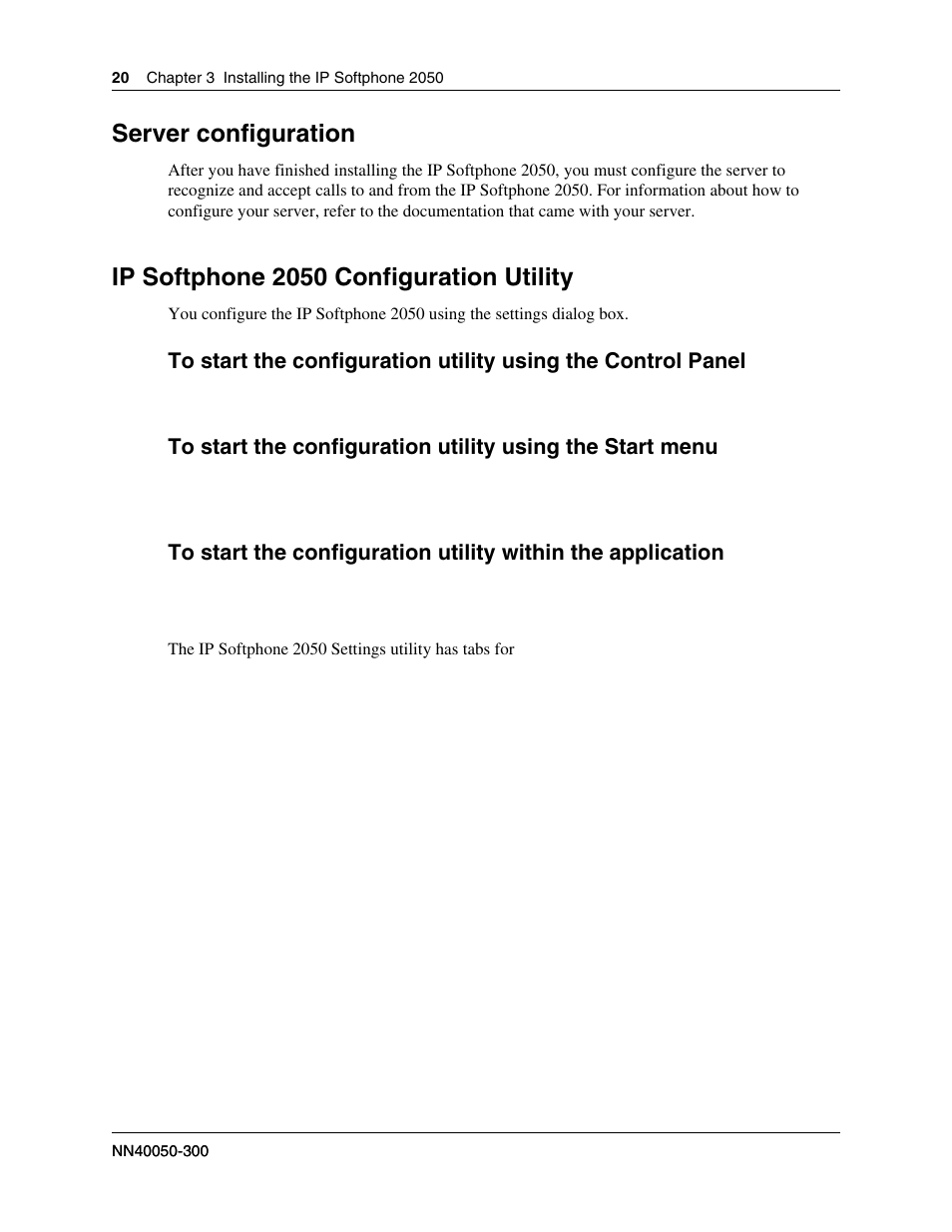 Server configuration, Ip softphone 2050 configuration utility | Nortel Networks BCM50 2.0 User Manual | Page 20 / 36