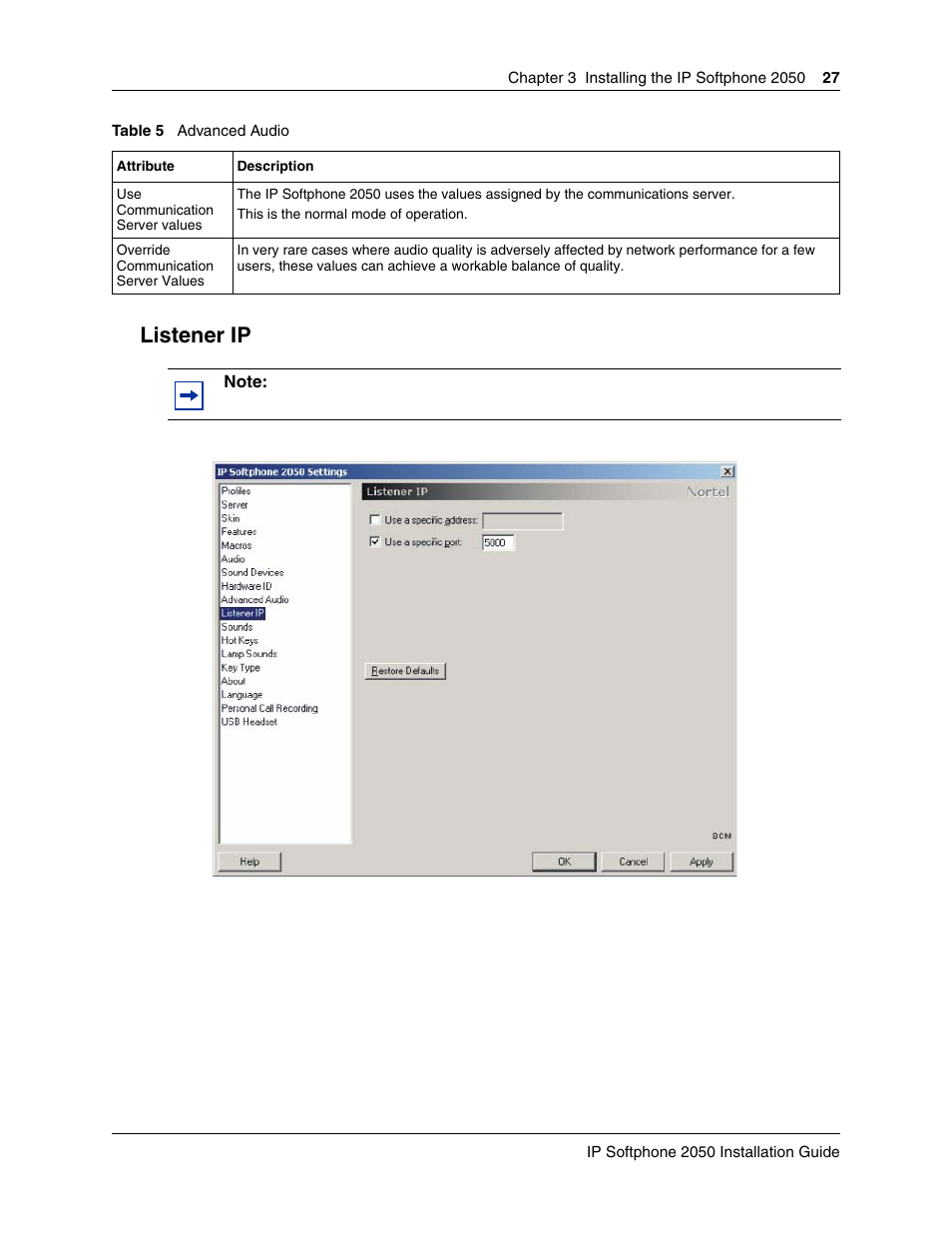 Listener ip | Nortel Networks BCM50 2.0 User Manual | Page 27 / 36