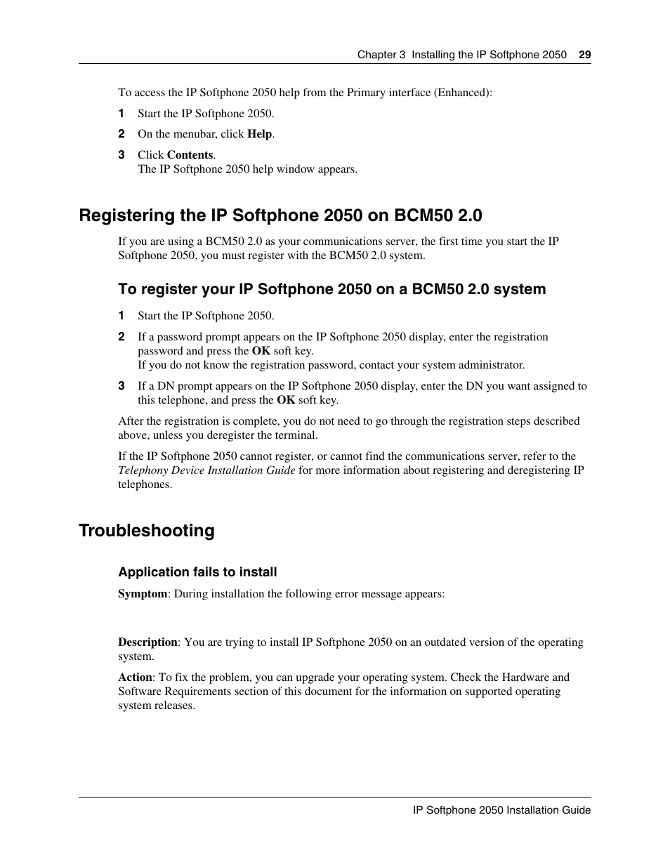 Registering the ip softphone 2050 on bcm50 2.0, Troubleshooting | Nortel Networks BCM50 2.0 User Manual | Page 29 / 36