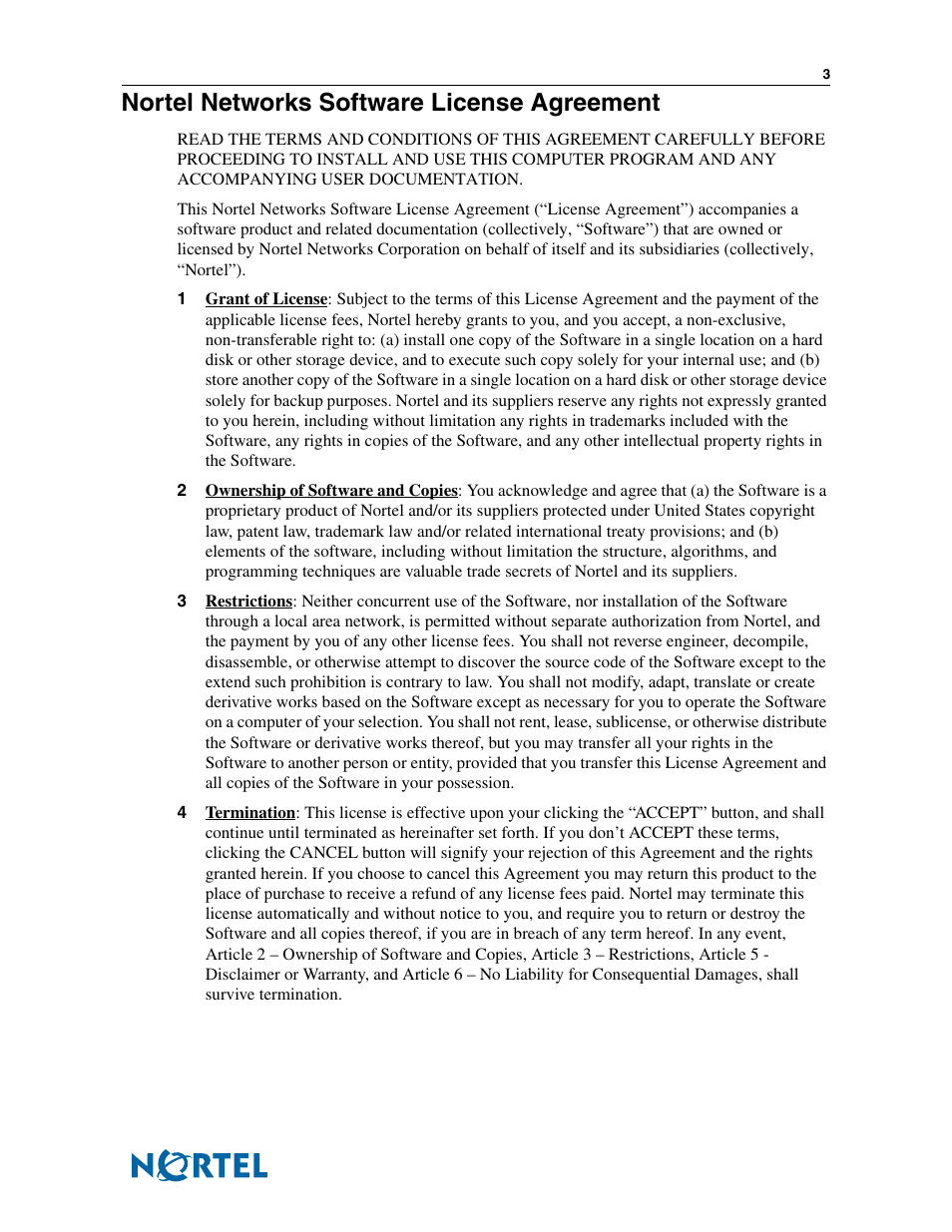 Nortel networks software license agreement | Nortel Networks BCM50 2.0 User Manual | Page 3 / 36