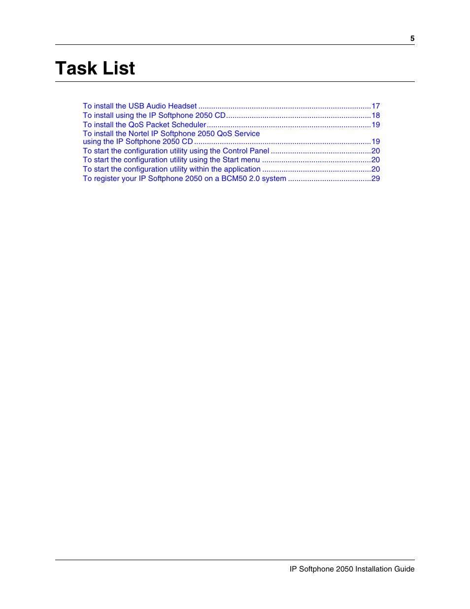 Task list | Nortel Networks BCM50 2.0 User Manual | Page 5 / 36
