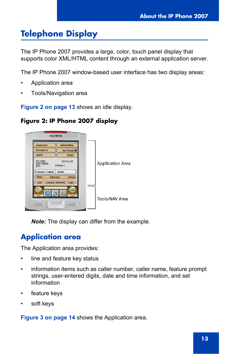 Telephone display, Application area | Nortel Networks 1000 User Manual | Page 13 / 54