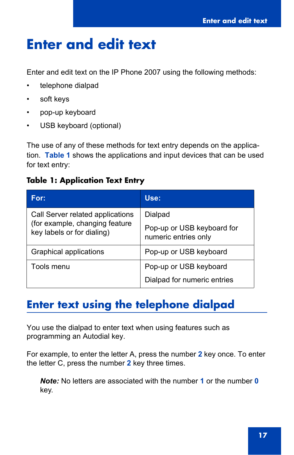 Enter and edit text, Enter text using the telephone dialpad | Nortel Networks 1000 User Manual | Page 17 / 54