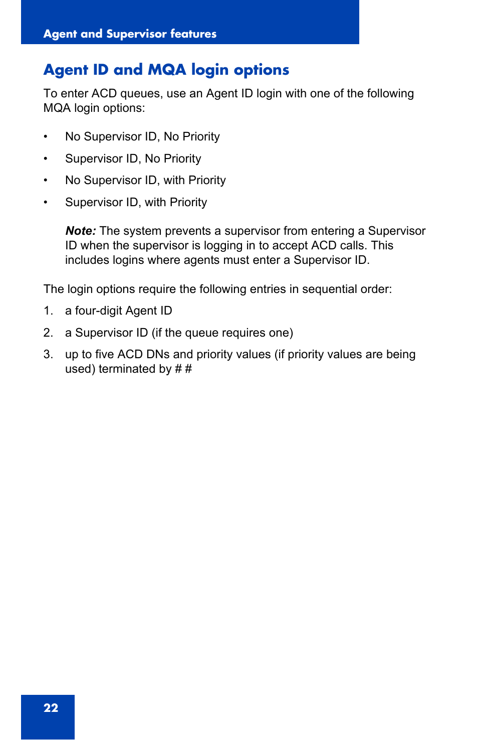 Agent id and mqa login options | Nortel Networks 1000 User Manual | Page 22 / 54