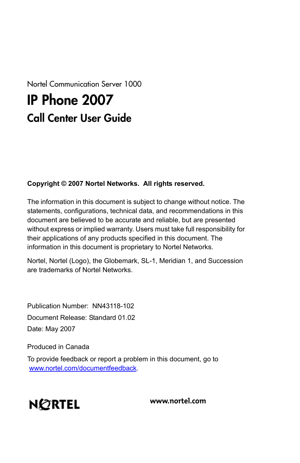 Ip phone 2007, Call center user guide | Nortel Networks 1000 User Manual | Page 54 / 54