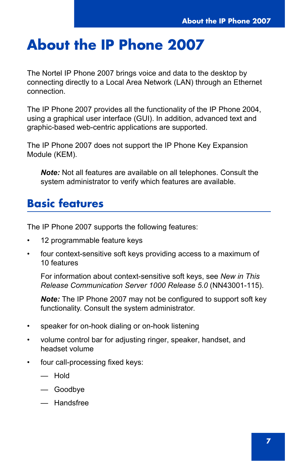 About the ip phone 2007, Basic features | Nortel Networks 1000 User Manual | Page 7 / 54
