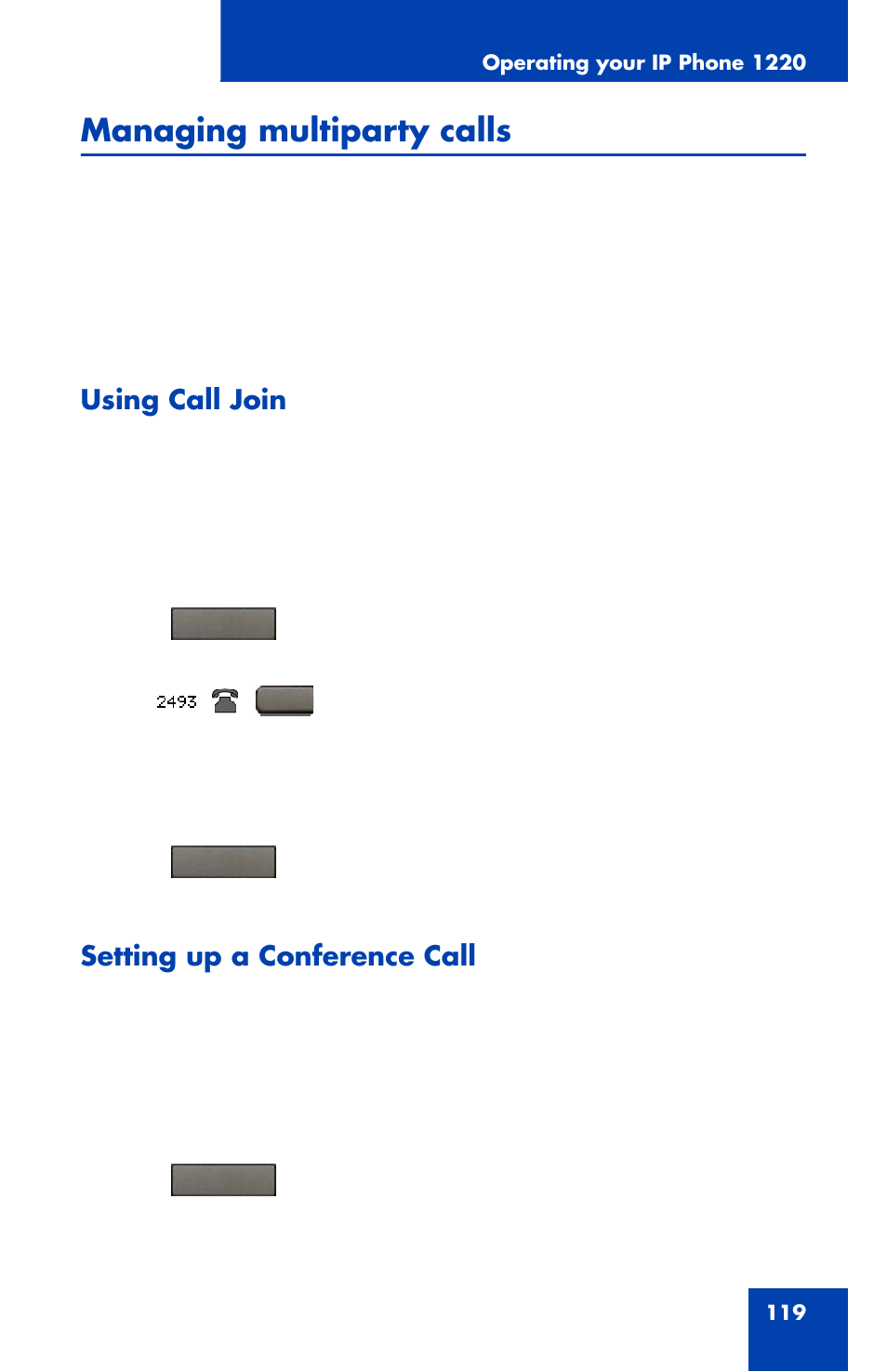 Managing multiparty calls, Using call join, Setting up a conference call | Nortel Networks 1220 User Manual | Page 119 / 166