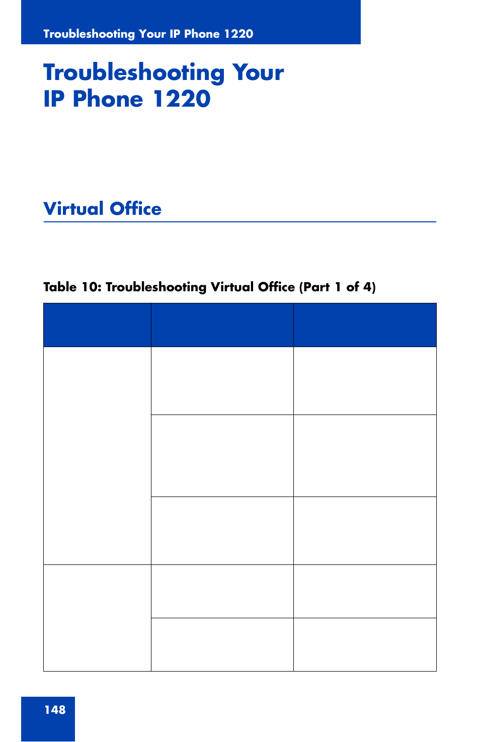 Troubleshooting your ip phone 1220, Virtual office | Nortel Networks 1220 User Manual | Page 148 / 166