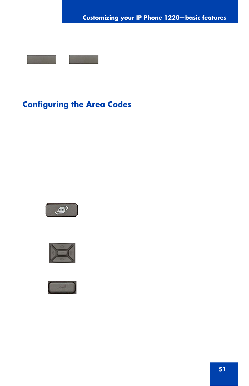 Configuring the area codes | Nortel Networks 1220 User Manual | Page 51 / 166