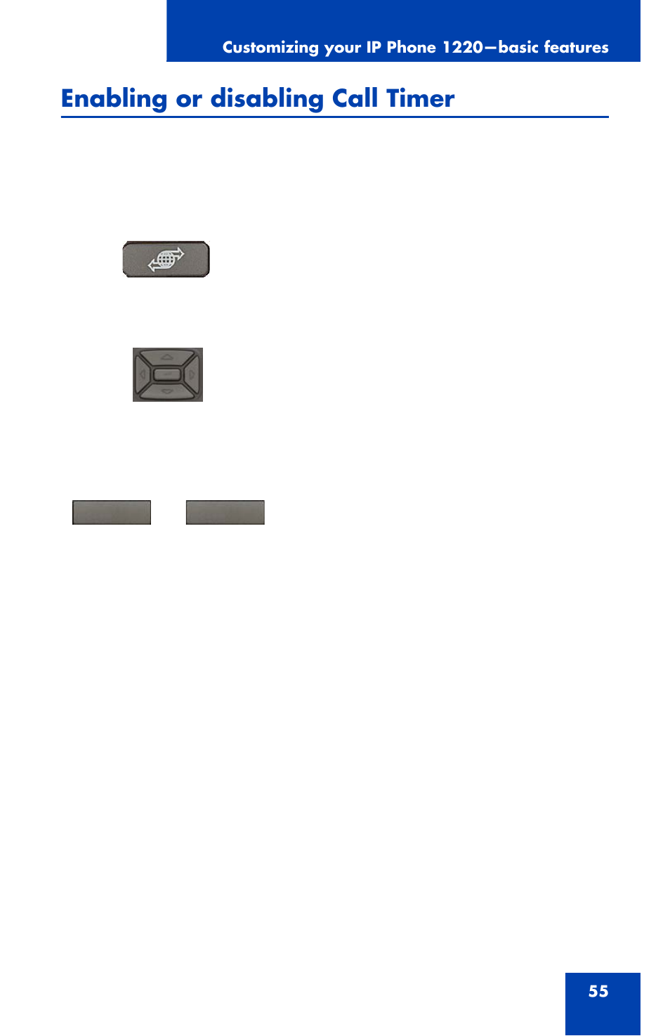 Enabling or disabling call timer | Nortel Networks 1220 User Manual | Page 55 / 166