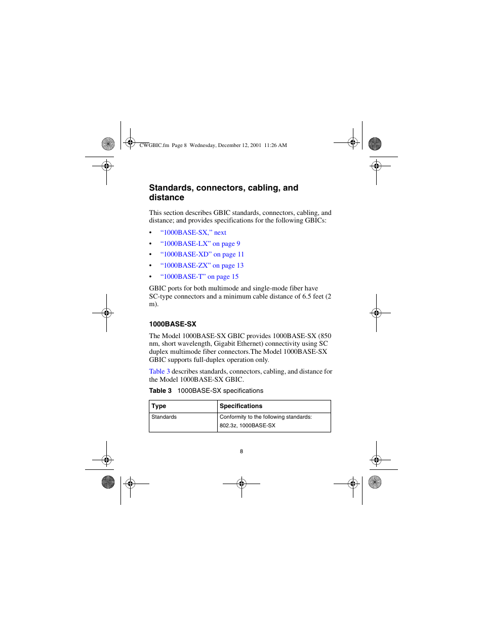 Standards, connectors, cabling, and distance, 1000base-sx | Nortel Networks CWDM SFP User Manual | Page 10 / 34