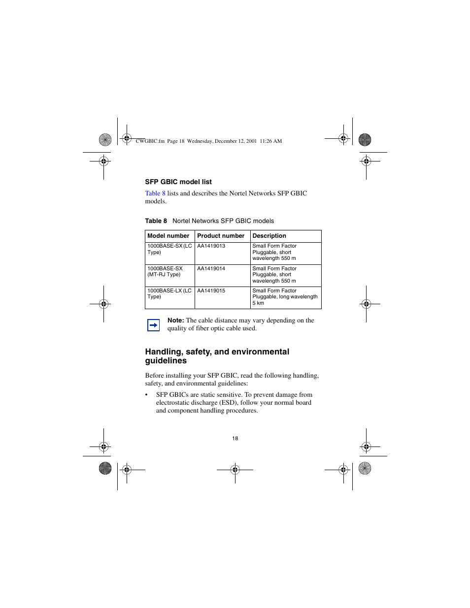 Sfp gbic model list, Handling, safety, and environmental guidelines | Nortel Networks CWDM SFP User Manual | Page 20 / 34