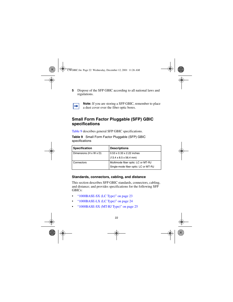 Standards, connectors, cabling, and distance | Nortel Networks CWDM SFP User Manual | Page 24 / 34