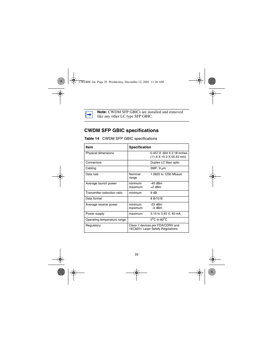 Cwdm sfp gbic specifications | Nortel Networks CWDM SFP User Manual | Page 31 / 34